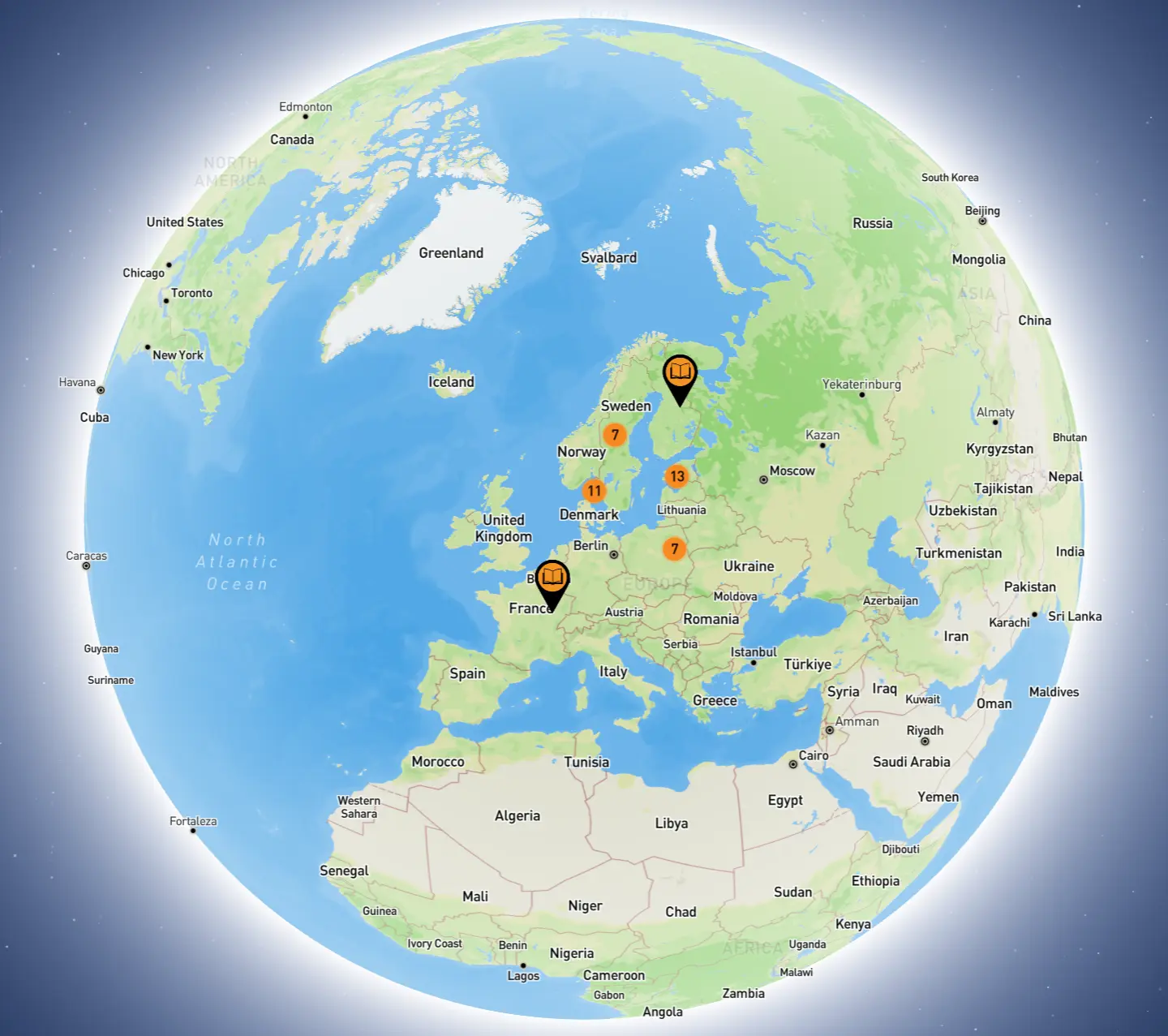 The Story Atlas interactive travel map with RooftopTravel locations across Europe